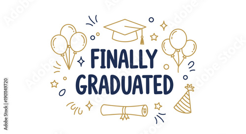 Celebratory Graduation Announcement with Balloons and Cap Emblem Commemorates Academic Achievement