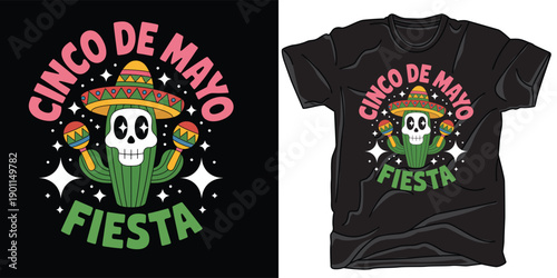 Cinco de Mayo fiesta celebration with cactus skull wearing sombrero and maracas