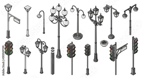 A collection of isometric street lights and traffic signals, rendered in a grayscale, pixel art style.