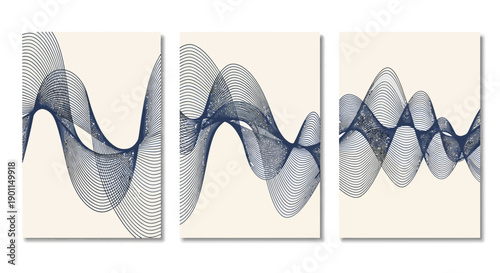 Abstract navy blue wave patterns on a cream background, a set of three vertical canvas prints.