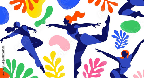 Vibrant illustration of dancers in dynamic poses against a backdrop of colorful abstract shapes and botanical elements.