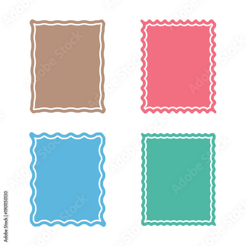 Elegant Scalloped Edge Postage Stamp Frames four Minimal Wavy Border Rectangle Design Set in Multiple Styles and Colors – High-Quality Vector Stamp Template Bundle.eps10