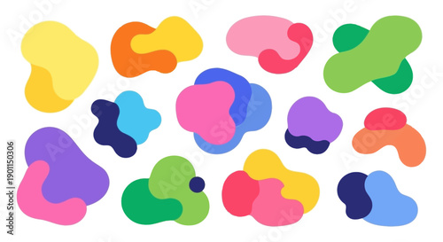 A vibrant collection of abstract, organic shapes in various bright colors, creating a playful and modern design.
