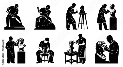 Collection of eight black and white illustrations depicting various sculpting and pottery techniques and artists at work.