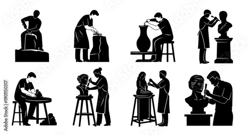 Collection of Silhouettes Depicting Various Sculpting and Pottery Making Activities.