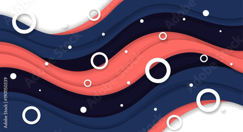 Abstract background with flowing waves and circles in coral and navy blue colors.