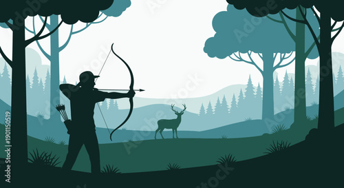 Silhouette of a hunter aiming a bow and arrow at a deer in a forest landscape.