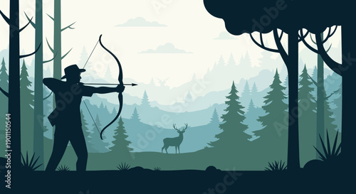 Silhouette of an archer aiming a bow and arrow at a deer in a misty forest landscape.