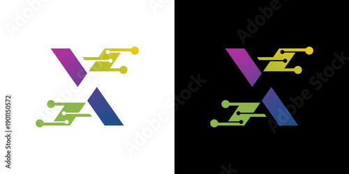 Stylized letter or symbol against contrasting white and black backgrounds