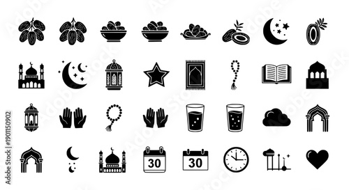 Diverse Islamic Festival Icon Pack Showcasing Ramadan Traditions and Spiritual Practices for Community