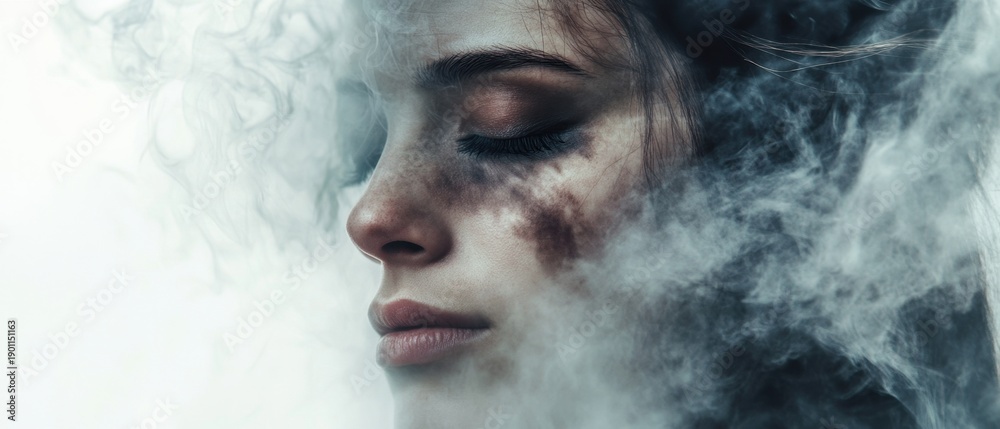 Fototapeta premium Emotional portrait of a woman with smoke and fading sections for artistic design
