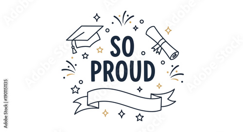 Proud Graduation Emblem: A captivating emblem displays the emotion of graduation day, with a mortarboard, diploma, banner, stars and flourishes creating a memorable design. 
