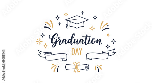 Graduation Day Emblem: A celebratory emblem featuring a mortarboard, scroll, and ribbon banners, designed to mark the joyous occasion of graduation day.