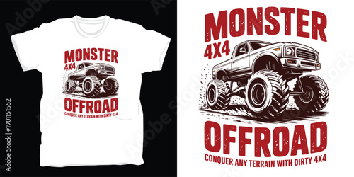 Monster 4x4 offroad, aggressive t-shirt design with powerful monster truck for conquering any terrain
