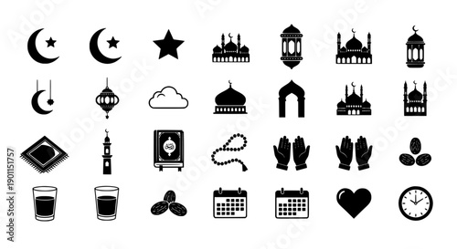 Islamic Symbols and Icons Collection Ramadan, Eid, Prayer, Mosque, and Cultural Elements