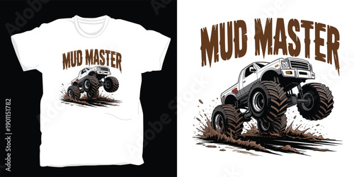 Mud master monster truck t-shirt design, powerful vehicle conquering rugged terrain with splash and dirt