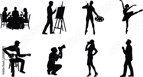 Creative people silhouette activity set with artist, painter, dancer, musician, photographer, business figures, professional lifestyle scenes, black vector illustration