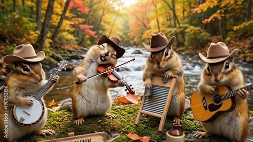 Chipmunk Bluegrass Boys Band Performing by a Stream in Autumn Forest.