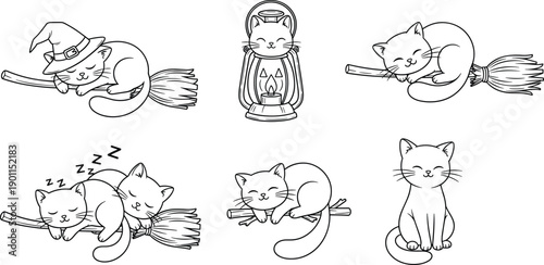 Cute witch cat illustration set with sleeping kittens on broomsticks, lantern cat, cozy Halloween pets, black and white cartoon vector line art