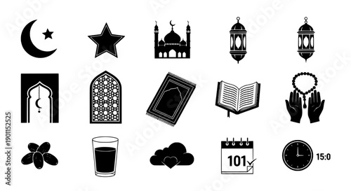 Dynamic collection of sacred Islamic faith and Ramadan celebration symbols for modern designs