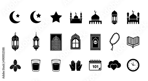 Diverse Silhouette Icons Set of Islamic Religion, Culture, Worship, and Ramadan Elements