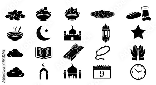 Islamic and Ramadan Icons Collection Moon, Prayer, Dates, Quran, Calendar, Lantern, Clock
