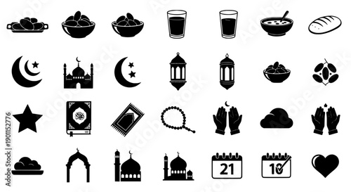 Essential Ramadan and Islamic holiday symbols vector icon collection for celebration