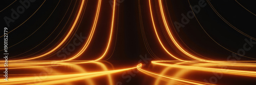 3d render. Abstract background of yellow neon lines ascending. Modern digital wallpaper. Streaming power 