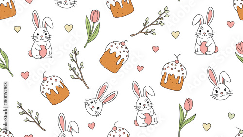 Joyful seamless Easter pattern featuring cute bunnies, traditional Easter cakes, delicate tulips, and budding willow branches, celebrating spring's arrival.