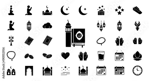 Islamic Religious and Cultural Symbol Icons Set Worship, Celebration, Ramadan, and Muslim Traditions
