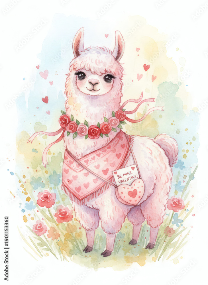 Obraz premium Llamas bring joy and love in a pastel garden filled with flowers and hearts during a dreamy Valentine's celebration