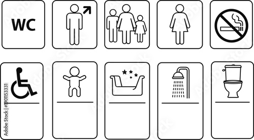 Public restroom and family facility vector icons, WC, male female child, accessibility, baby changing, bathtub, shower, toilet, no smoking, hygiene illustration