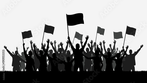 Vector background of group of people celebrating and raising flags. Silhouette crowd of protesters or fans cheering suitable for public demonstration, strike, or national holiday.