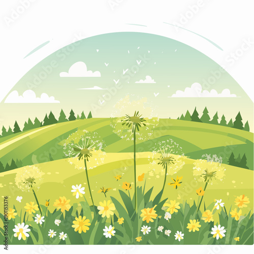 Vibrant spring meadow with blooming wildflowers, green hills, and a clear sky