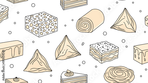 Appetizing seamless pattern showcasing a delectable assortment of traditional desserts and pastries, featuring both detailed and outline illustrations.