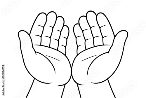 Two open hands cupped together in prayer or receiving a gift. Black and white line art. Simple doodle style. Great for coloring pages, religious themes, and charity designs. Vector illustration