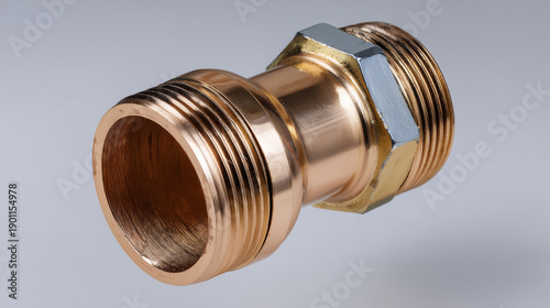 Macro top-down view of copper pipe elbow, polished metallic surfaces, soldering and fittings visible, indoor plumbing