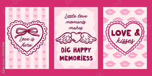 Whimsical Valentines day vector cards set. Vintage retro love print designs with wings, bows, hearts illustration, romantic quotes in coquette frames
