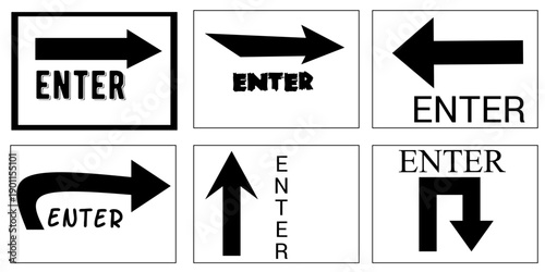 Hand drawn simple "enter" arrow sign. Set of black arrow signs collection.