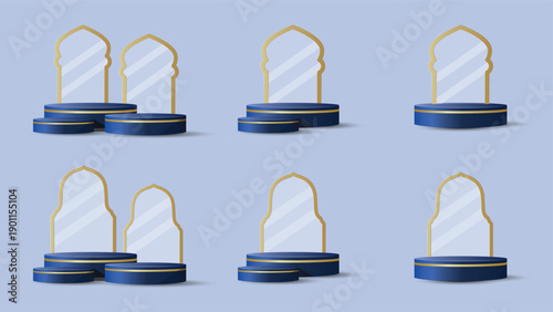 Ramadan podium display with Islamic arch window. Isolated Object