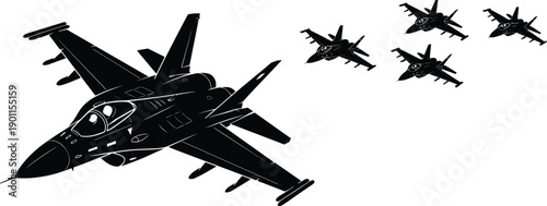 Black and white military fighter jet vector illustration featuring a large supersonic aircraft flying with a squadron of four planes in formation.