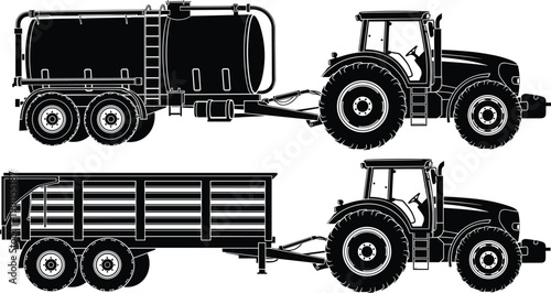 Agricultural tractor with water tanker and cargo trailer vector illustration, heavy farm machinery silhouette, rural industrial transport equipment, farming logistics vehicle, machine.