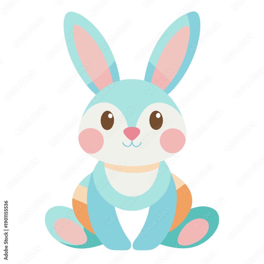 Obraz premium Cute Easter bunny sitting, rounded shapes, soft pastel colors, isolated on white