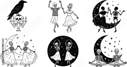 Halloween dancing skeleton illustration set, gothic skull couples under moon and stars, raven candle scene, spooky dark fantasy black and white vector
