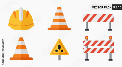 Construction site safety symbols and warning signs displayed on a clean white background viewed from directly above