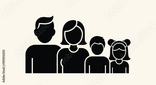 Modern minimalist silhouette of a diverse family of four, depicting father, mother, son, and daughter standing together in a cohesive group on a light neutral background.