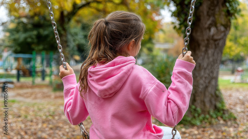 Girl child kid swing park autumn pink hoodie young girl child on swing in autumn park wearing pink hoodie relaxed outdoor playtime