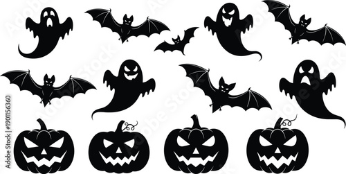 Halloween silhouette set with spooky ghosts flying bats and carved pumpkins, black horror icons collection for scary night party designs