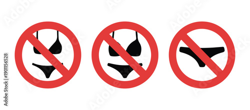 Set of three no swimming attire signs bikini briefs and swim shorts forbidden on beach or pool