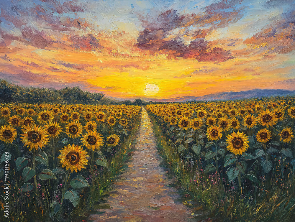 Obraz premium A Scenic Trail Through Blooming Sunflowers at Golden Hour